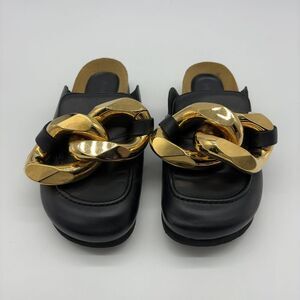 JW ANDERSON Black Leather Chain-Trim Slide Sandals with Gold Hardware